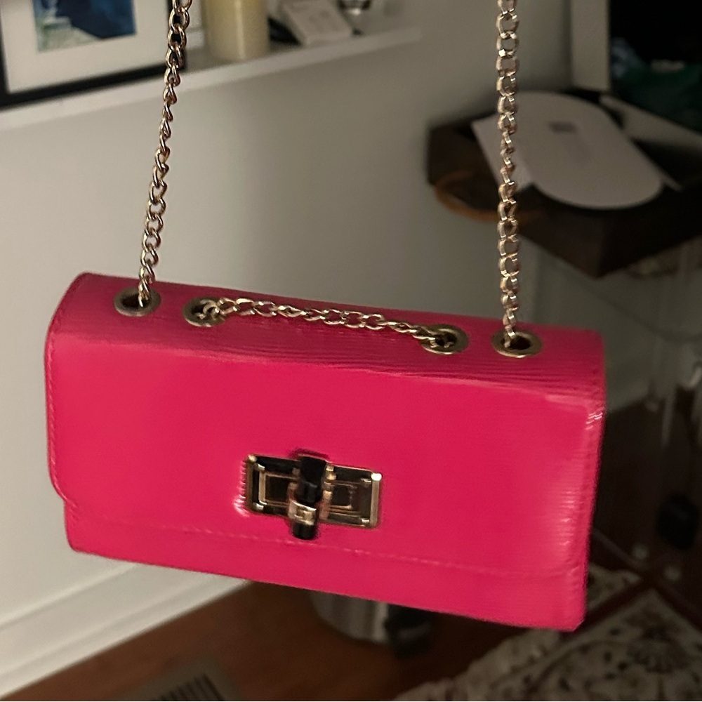 Shiny Bright Pink Crossbody or Shoulder Bag Gold Chain